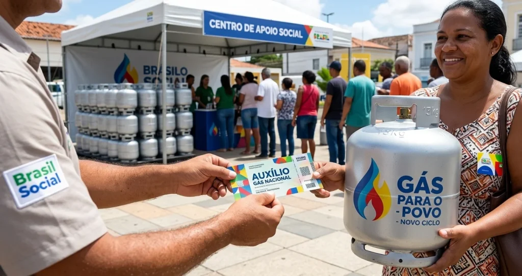 Montagem digital apresentando um botijão de gás prateado com a inscrição 'Novo Calendário Gás' ao lado de um cartão do Programa Bolsa Família e um ícone de impressão digital representando a coleta biométrica obrigatória de 2026.