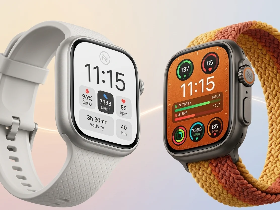 Dois smartwatches Huawei Watch Fit 5 em destaque, exibindo dados de saúde, frequência cardíaca, oxigenação, passos e tempo de atividade física.