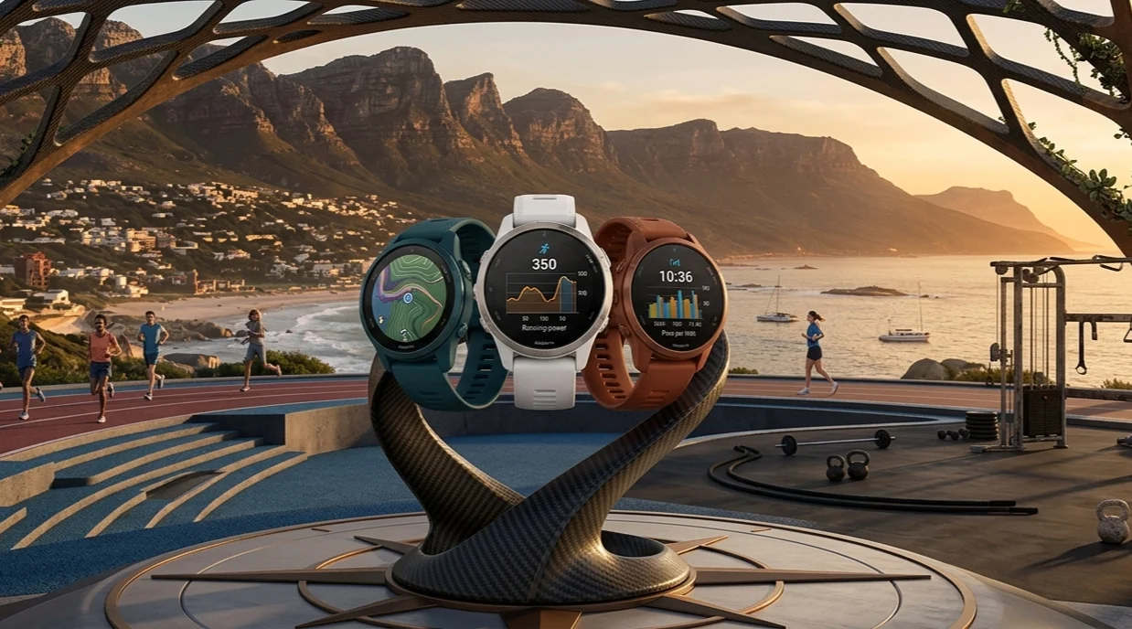 Três relógios Garmin Forerunner em destaque sobre suporte esportivo, com telas exibindo mapas, potência de corrida e métricas de treino, em cenário ao ar livre com pista, academia e paisagem costeira.
