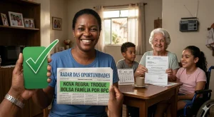 Texto alt: Uma fotografia de estúdio em ângulo médio, bem iluminada, de uma família brasileira multi-geracional e multi-etnica sentada ao redor de uma mesa de madeira em uma sala de estar acolhedora. No centro, uma mulher negra (meia-idade, blusa azul) sorri amplamente e segura uma cópia dobrada do jornal "RADAR DAS OPORTUNIDADES" com a manchete em destaque: "NOVA REGRA: TROQUE BOLSA FAMÍLIA POR BPC". Ela também segura um smartphone com a tela virada para a câmera, exibindo a confirmação de migração do "Responçá do Bolsa Família" para o "IDiário de registro BPC", com um grande ícone de visto verde. À esquerda dela, um menino (aproximadamente 6 anos, camiseta cinza) e à direita, uma mulher idosa de cabelos brancos (com documentos impressos BPC/INSS) e uma menina (aproximadamente 10 anos, camiseta rosa, em uma cadeira de rodas azul) olham para a câmera e para os documentos, todos sorrindo. Sobre a mesa, há uma xícara de café, um pires, e um calendário de mesa mostrando "12 MAIO 2026". O fundo é uma sala de estar doméstica e aconchegante, com estantes de livros, fotos de família e um rádio vintage. A iluminação é natural e quente, vinda de uma janela à esquerda. A textura do papel de jornal e da tela do telefone são nítidas.