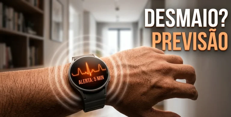 Pessoa usando smartwatch durante exame clínico com sensores conectados ao braço, simulando monitoramento cardíaco para prever risco de síncope.