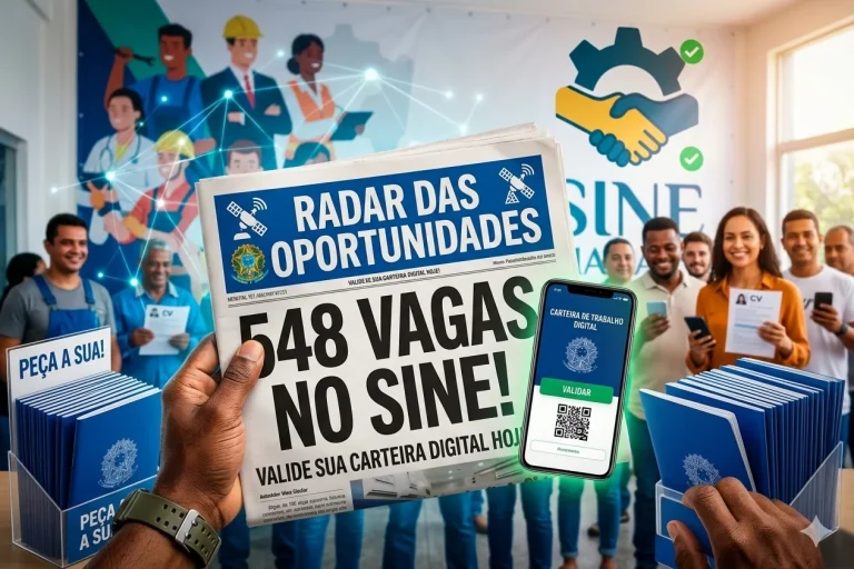 Uma miniatura de vídeo impactante para a nova Carteira de Trabalho Digital do Brasil. Em primeiro plano, uma mão com um relógio de couro segura uma Carteira de Trabalho física aberta, revelando a página de dados e a capa azul. O fundo apresenta uma placa de metal brilhante com o texto em relevo: "REDE NACIONAL DE OPORTUNIDADES" e "BRASIL", com o slogan "CONECTANDO TALENTOS E FUTUROS". Abaixo da placa, uma tela digital mostra uma rede complexa de engrenagens interligadas em teal e verde, centrada em um ícone de aperto de mão, com linhas de luz radiantes. Sobreposições de texto em negrito e alto contraste estão presentes: no canto superior esquerdo, em amarelo, "NOVA CARTEIRA DIGITAL!"; e no canto inferior direito, em branco com borda azul, "OPORTUNIDADES!". O estilo é dinâmico e focado na tecnologia.