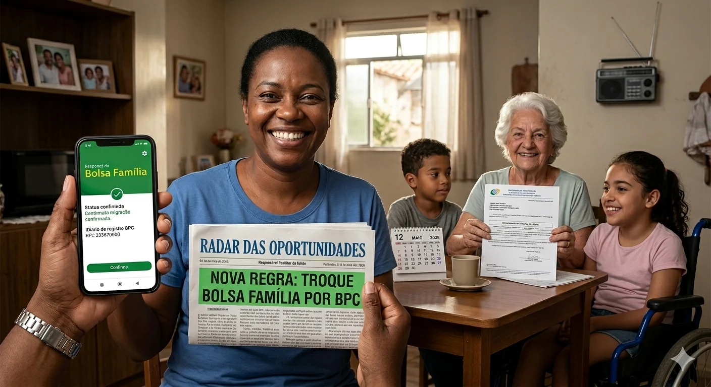 Uma fotografia de estúdio bem iluminada em ângulo médio, com foco em uma família brasileira multigeracional sorridente sentada ao redor de uma mesa de madeira. No centro, uma mulher negra (meia-idade, blusa azul) sorri amplamente e segura uma cópia dobrada do jornal "Radar das Oportunidades", com a manchete em destaque: "NOVA REGRA: TROQUE BOLSA FAMÍLIA POR BPC". Ela também segura um smartphone com a tela virada para a câmera, exibindo a confirmação de migração do "Responçá do Bolsa Família" para o "IDiário de registro BPC". À esquerda dela, um menino (aproximadamente 6 anos, camiseta cinza) olha para o jornal com interesse. À direita da mulher, uma mulher idosa de cabelos brancos sorri e segura um documento impresso (certidão BPC/INSS). Ao lado dela, uma menina (aproximadamente 10 anos, camiseta rosa) senta-se em uma cadeira de rodas azul, também sorrindo e olhando para o documento da avó. Sobre a mesa, há uma xícara de café, um pires e um calendário de mesa mostrando "12 MAIO 2026". O fundo é uma sala de estar doméstica e aconchegante, com estantes de livros, fotos de família e um rádio vintage. A iluminação é natural e quente, vinda de uma janela à esquerda. A textura do papel de jornal e da tela do telefone são nítidas.