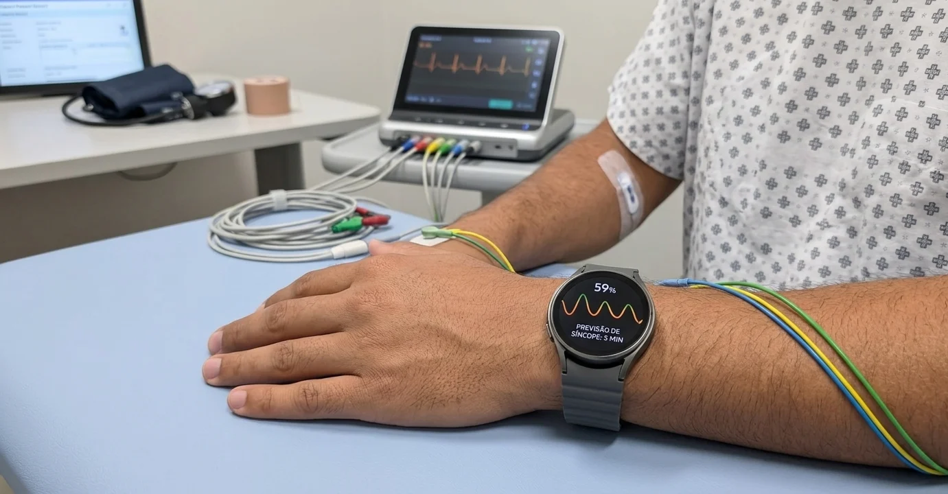 Smartwatch no pulso exibindo alerta de possível desmaio em cinco minutos, com destaque para a previsão de síncope e monitoramento de saúde.