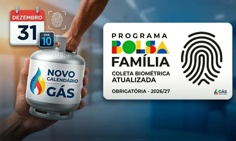 Montagem digital apresentando um botijão de gás prateado com a inscrição 'Novo Calendário Gás' ao lado de um cartão do Programa Bolsa Família e um ícone de impressão digital representando a coleta biométrica obrigatória de 2026.