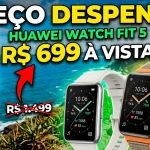 Imagem promocional do Huawei Watch Fit 5 com destaque para queda de preço, mostrando o smartwatch, uma pessoa correndo e a oferta de R$ 699 à vista.