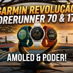 Imagem promocional dos Garmin Forerunner 70 e 170 com destaque para telas AMOLED, recursos esportivos e a frase “Garmin revolução: Forerunner 70 & 170”.
