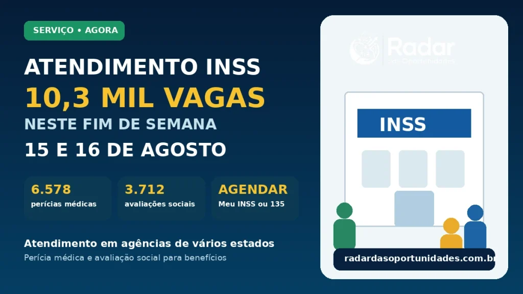 Atendimento do INSS com 10,3 mil vagas nos dias 15 e 16 de agosto