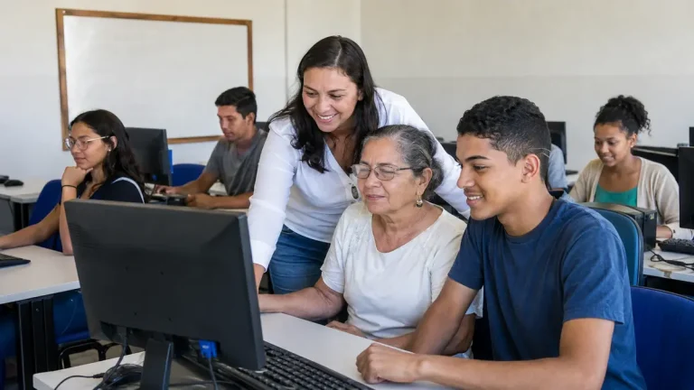 Alunos participam de curso gratuito de tecnologia em sala de informática