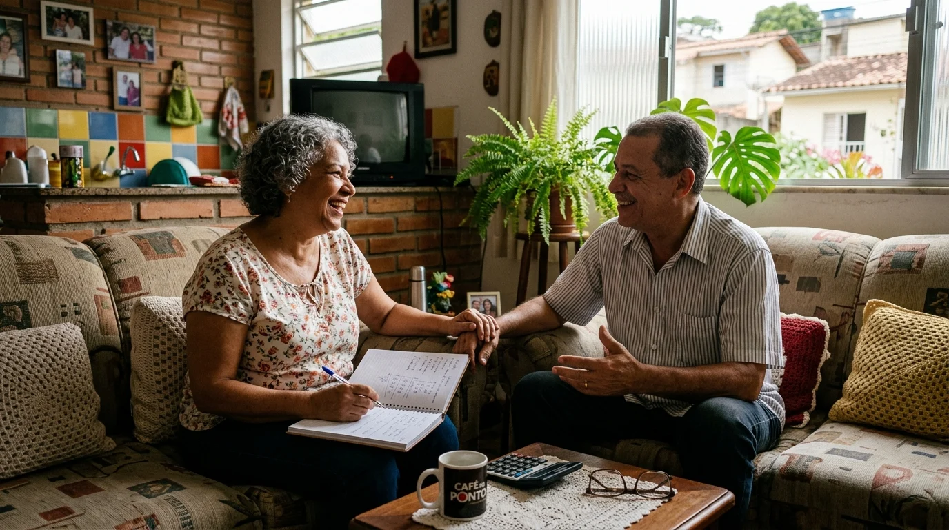 Casal de aposentados organizando o orcamento domestico e calculando a margem consignavel