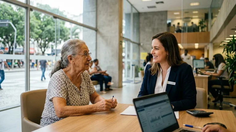 Aposentada conversando sobre emprestimo consignado inss com atendente em agencia bancaria
