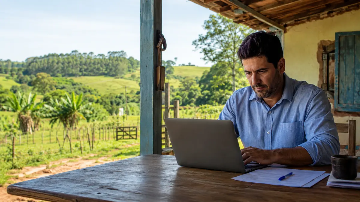 Produtor rural preenche a declaração do ITR 2026 em notebook