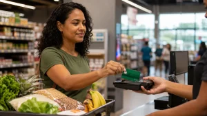 Trabalhadora utiliza vale-alimentação após novas regras de 2026