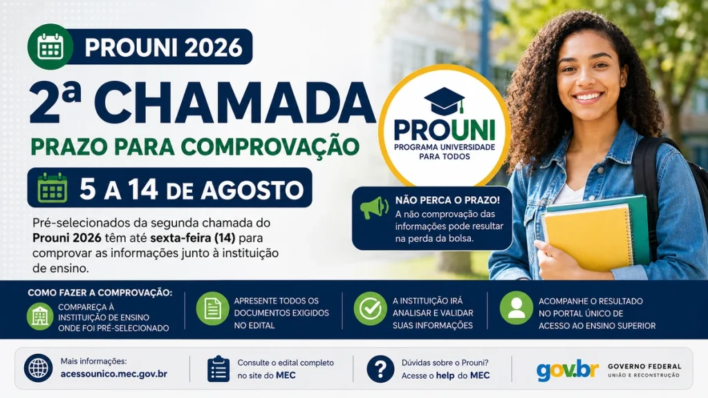 Prouni 2026 segunda chamada com prazo para comprovação até 14 de agosto