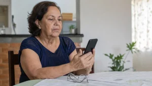 Beneficiária consulta aviso sobre prova de vida do INSS pelo WhatsApp em 2026