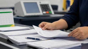 Registro de candidaturas 2026 com documentos eleitorais sendo organizados