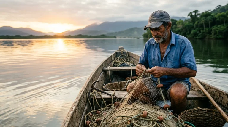 Pescador artesanal em barco organizando rede de pesca para seguro-defeso inss