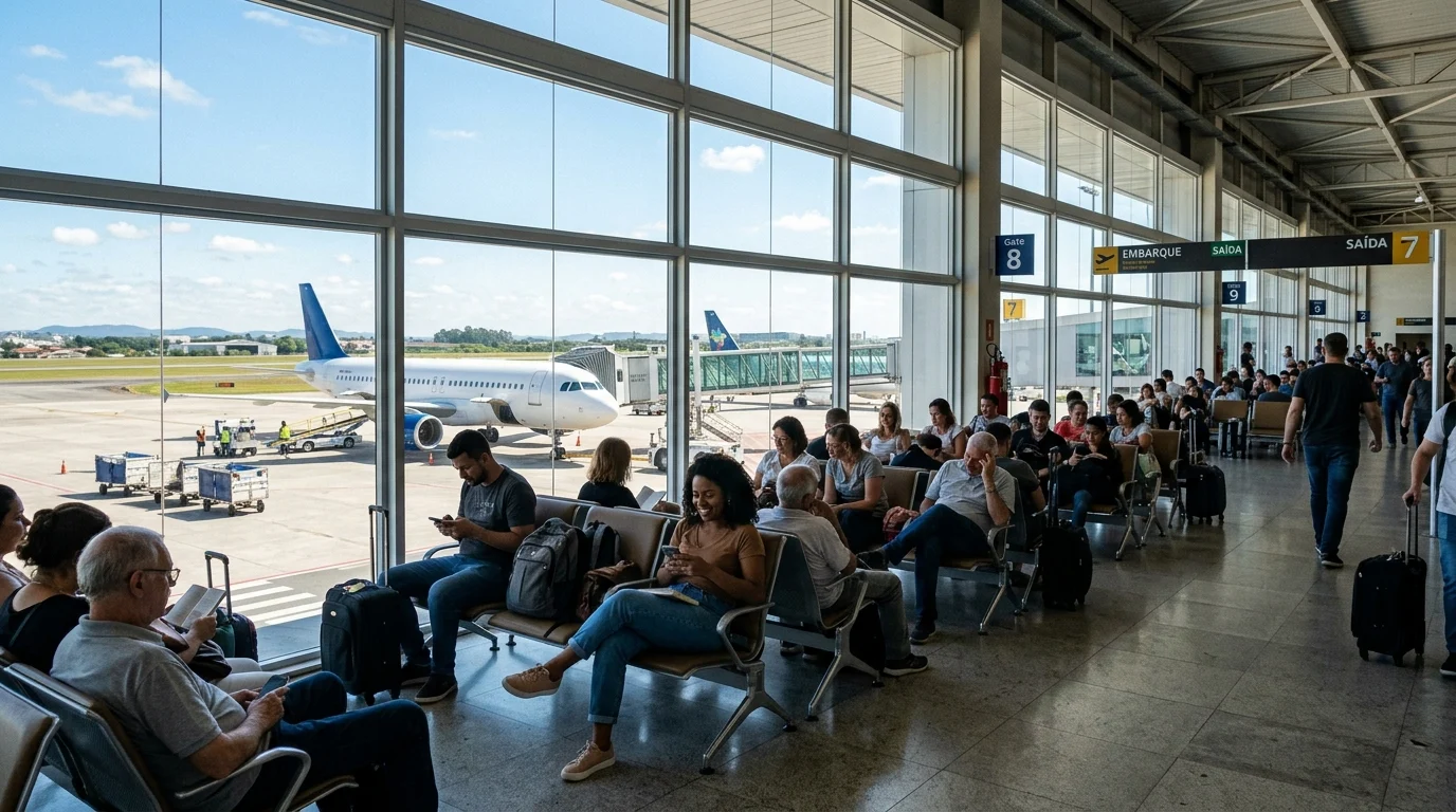 Sala de embarque de aeroporto com passageiros aguardando voos do Programa Voa Brasil