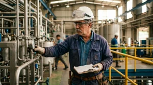 Técnico especializado em ambiente industrial no Brasil verificando segurança para aposentadoria especial