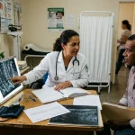 Medica examinando exames de imagem e diagnostico de paciente em consultorio para aposentadoria por invalidez