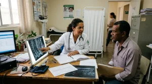 Medica examinando exames de imagem e diagnostico de paciente em consultorio para aposentadoria por invalidez