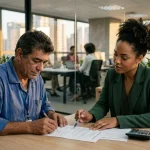 Trabalhador e gestora de RH revisando documentos de rescisao contratual e aviso previo em escritorio no Brasil