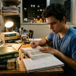 Estudante brasileiro se preparando com livros de direito e caderno para o concurso da PF
