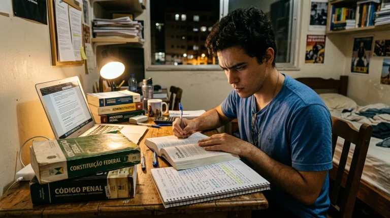Estudante brasileiro se preparando com livros de direito e caderno para o concurso da PF
