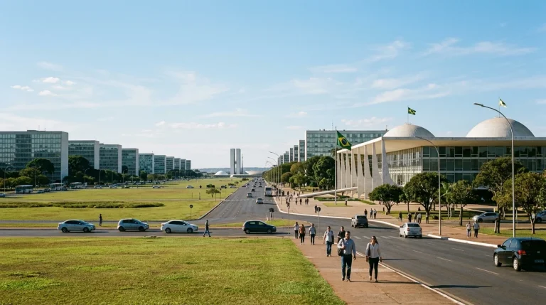 Esplanada dos Ministérios em Brasília com vista panorâmica dos prédios públicos e sede do MGI para o concurso INSS