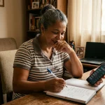 Trabalhadora brasileira conferindo notificacao bancaria e planejamento do decimo terceiro salario