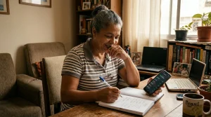 Trabalhadora brasileira conferindo notificacao bancaria e planejamento do decimo terceiro salario