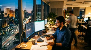 Profissional em estacao de trabalho no Brasil realizando horas extras em jornada estendida